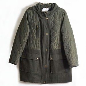 Lucky Brand Quilted Panel Hooded Coat In Olive XL